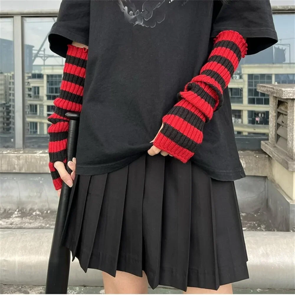 Goth Arm Warmers Y2K Arm Sleeves Fingerless Gloves for Women Black Red